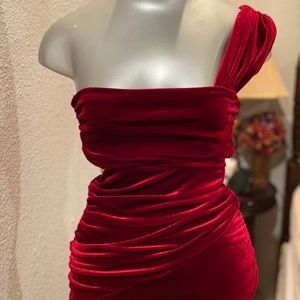 Velvet one shoulder ruches body con mini dress